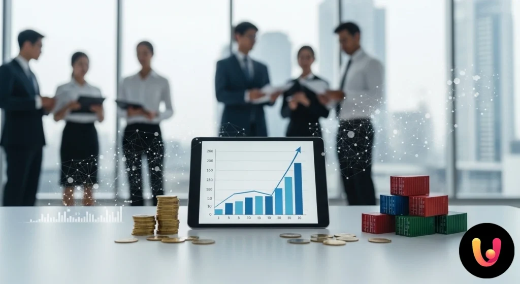 Mappamondo con rotte commerciali e un grafico finanziario che illustra l'impatto di nuove barriere doganali sull'economia.