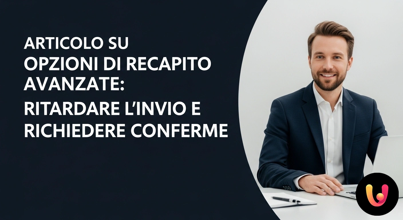 Opzioni di recapito avanzate: invio ritardato e conferme di lettura. Icona di un'email affiancata da un orologio per l'invio programmato e da un segno di spunta per la conferma di recapito.