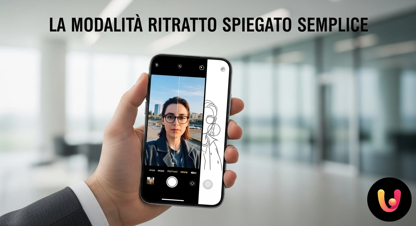 Guida completa alla Modalità Ritratto: foto professionali con il tuo smartphone. Primo piano di una persona a fuoco, con un'espressione serena, su uno sfondo di elementi naturali volutamente sfocati.