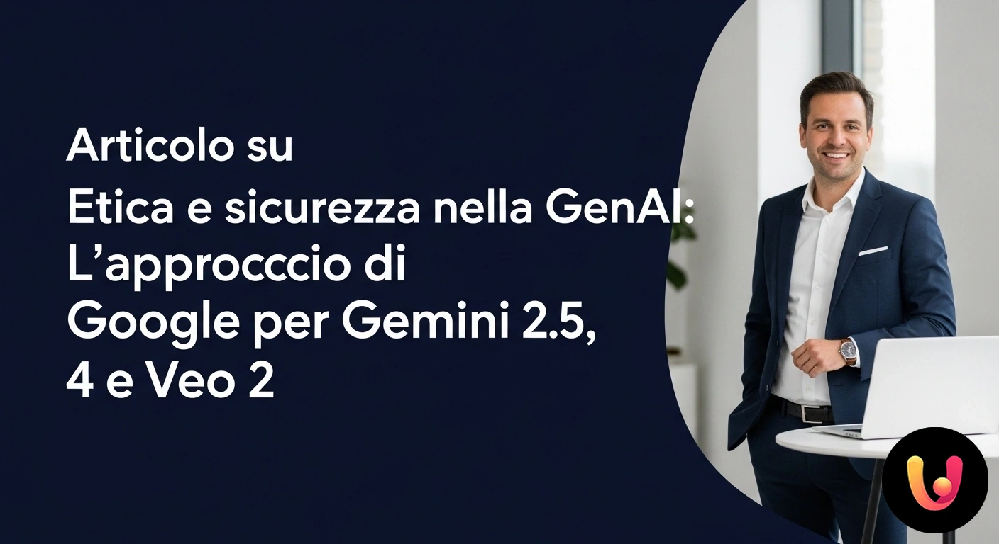 Etica e Sicurezza nella GenAI: L'impegno di Google per un'IA responsabile. Loghi dei modelli ai google gemini, imagen e veo racchiusi in uno scudo digitale, a simboleggiare l'approccio alla sicurezza.