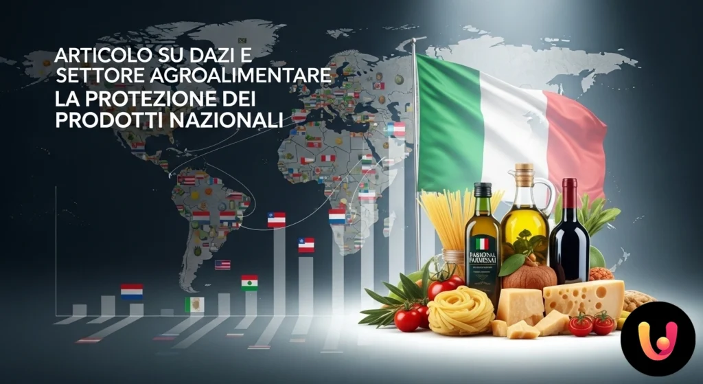 Dazi agricoli: il prezzo dei prodotti Made in Italy Prodotti agroalimentari italiani come formaggio, uva e olio d'oliva disposti su un tavolo rustico in legno.