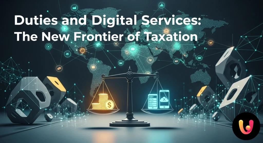 Mappamondo stilizzato con reti digitali, icone di valute e un martelletto per simboleggiare la regolamentazione del commercio