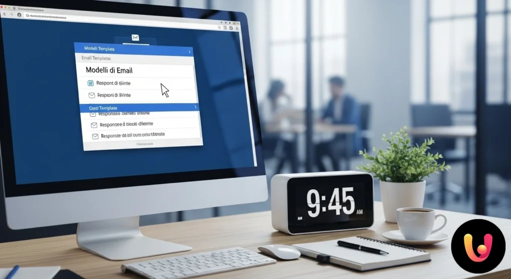 Interface de um cliente de correio eletrónico que mostra a inserção de um modelo de texto predefinido num novo email.