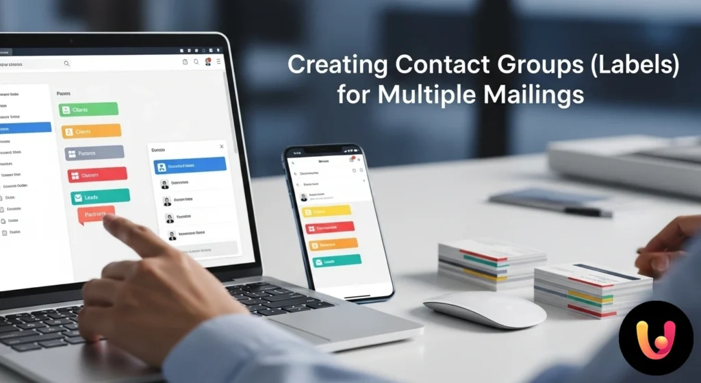 Schemă de organizare a contactelor în grupuri etichetate pentru o comunicare țintită și trimiteri multiple.
