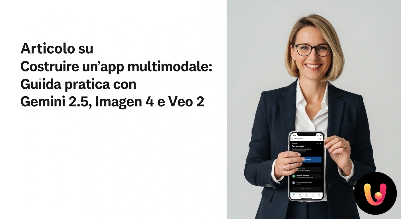 Sviluppa la tua app multimodale: guida a Gemini 2.5, Imagen 4 e Veo 2. Schema concettuale di un'architettura di app multimodale che integra input testuali, visivi e video con un'ia.