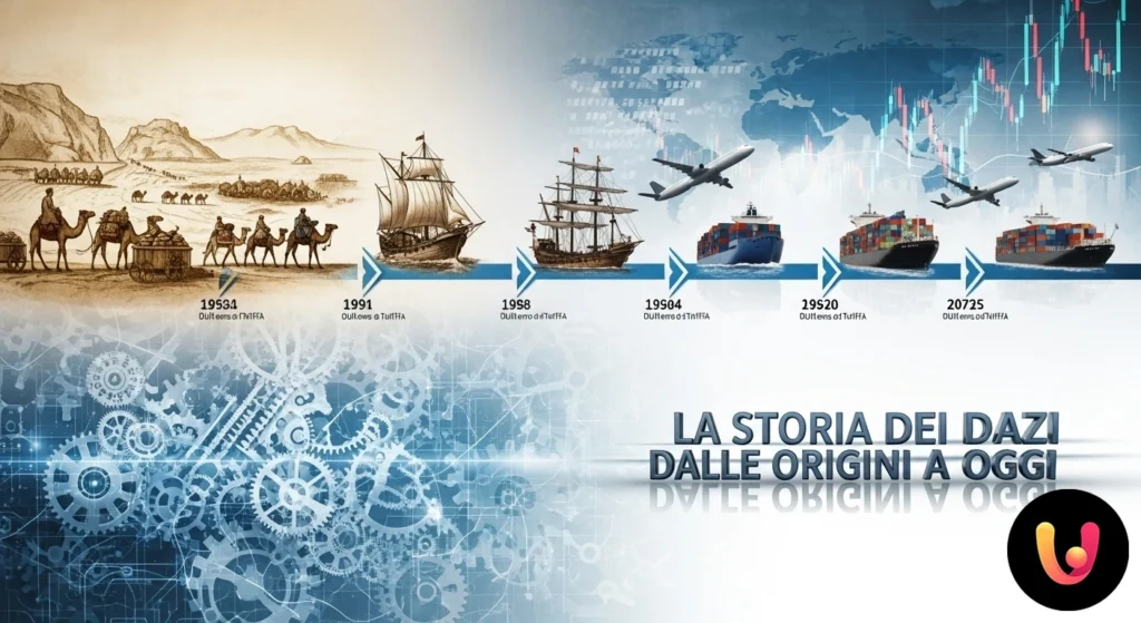 Scena storica di un porto commerciale con ufficiali che ispezionano merci scaricate da un veliero d'epoca.