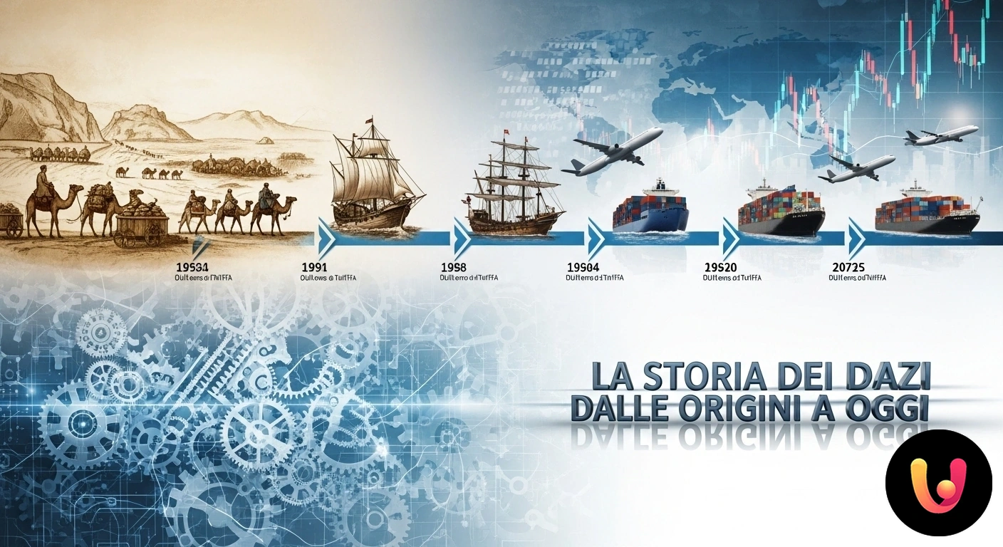 Storia dei dazi doganali: le origini del controllo sulle merci e sul commercio. Scena storica di un porto commerciale con ufficiali che ispezionano merci scaricate da un veliero d'epoca.