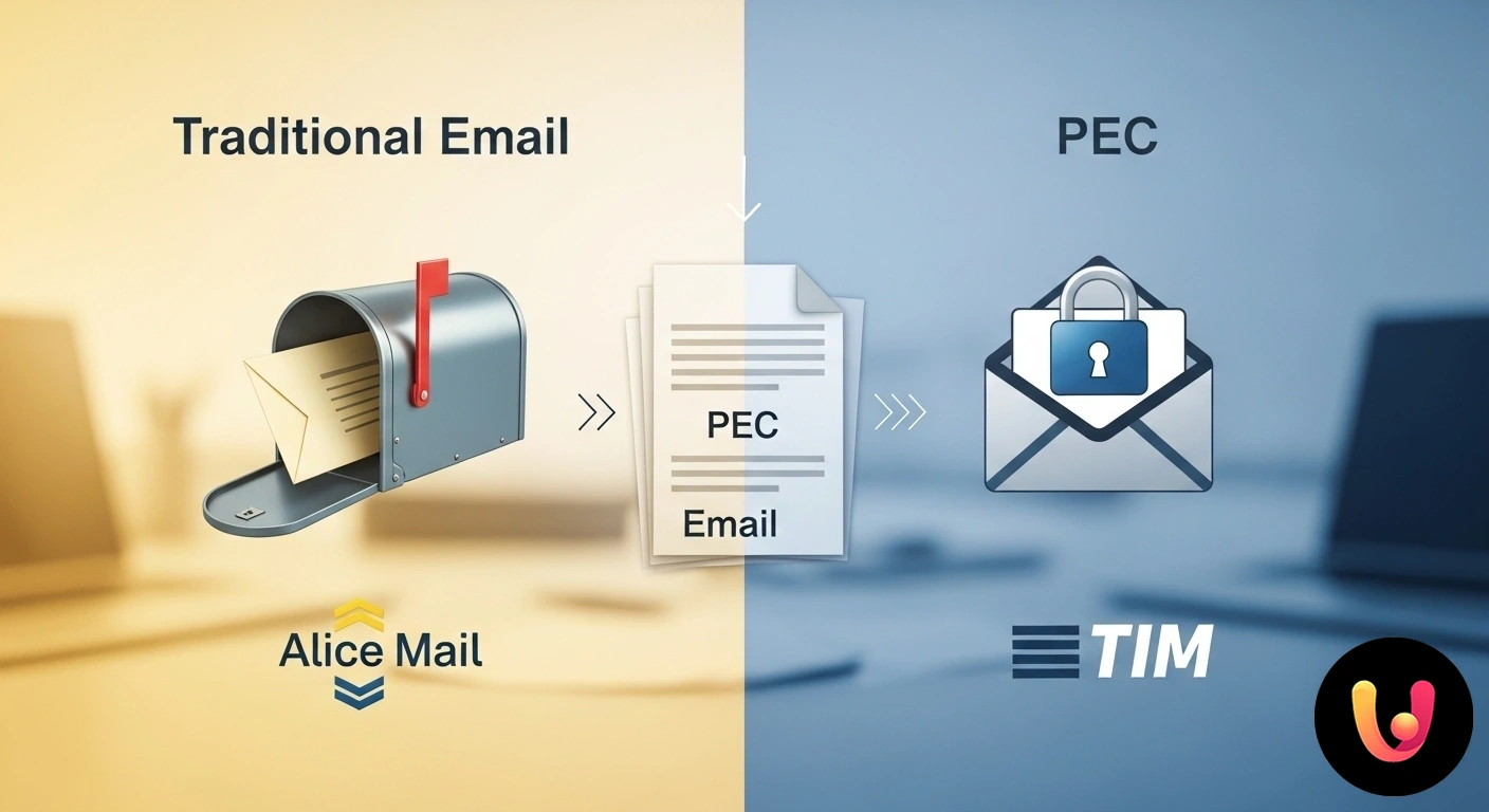 Differenze tra Email Tradizionale Alice e Posta Elettronica Certificata TIM Icona di una busta da lettera standard affiancata a una busta sigillata con timbro per illustrare la differenza di validità l