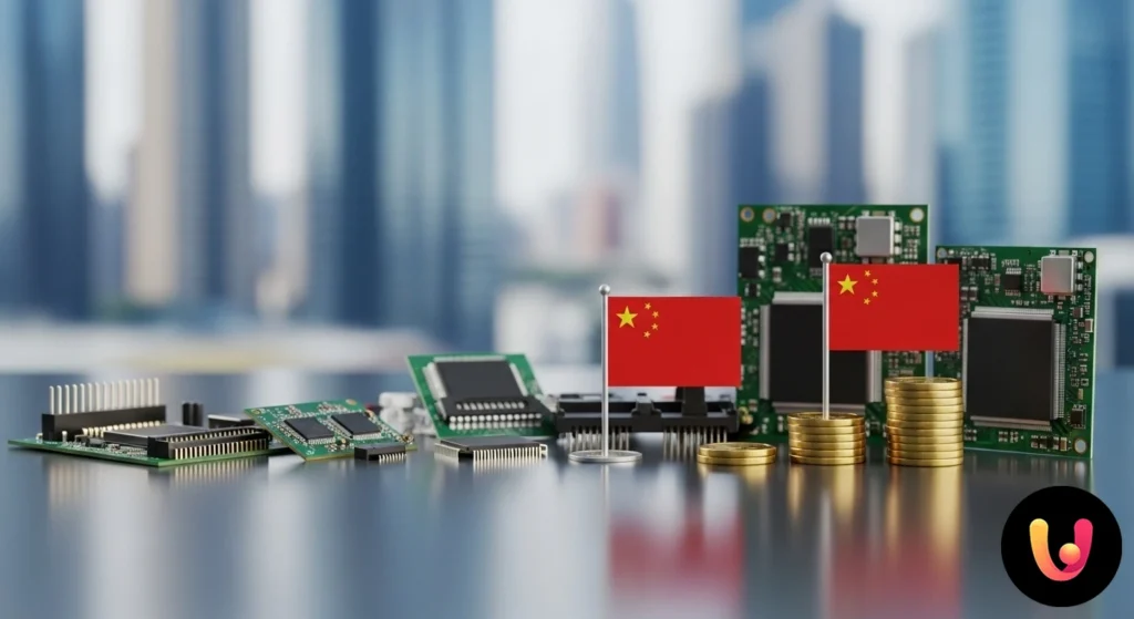 Dazi tech Cina: quanto pagheremo in più? Container navale carico di scatoloni di prodotti elettronici, con bandiere di cina e unione europea a simboleggiare l'importa