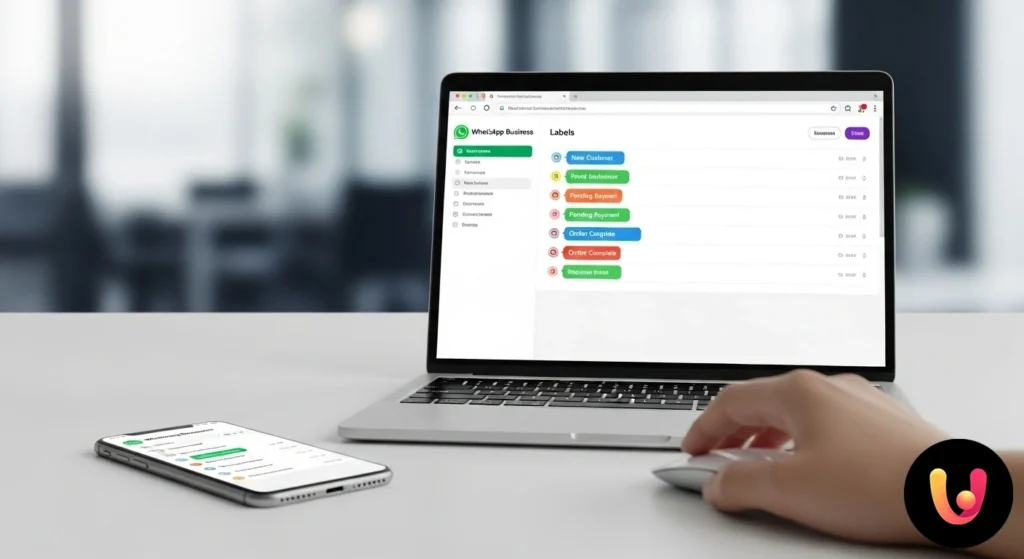 Interfață web care arată atribuirea unei etichete colorate unei conversații cu un client pe whatsapp.