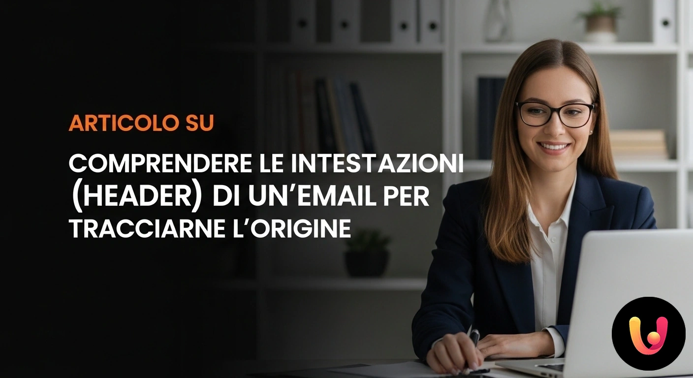 Analisi Header Email: Guida per Tracciare l'Origine di un Messaggio Lente d'ingrandimento che analizza le righe di codice di un'intestazione email su un monitor per investigarne la provenienza.