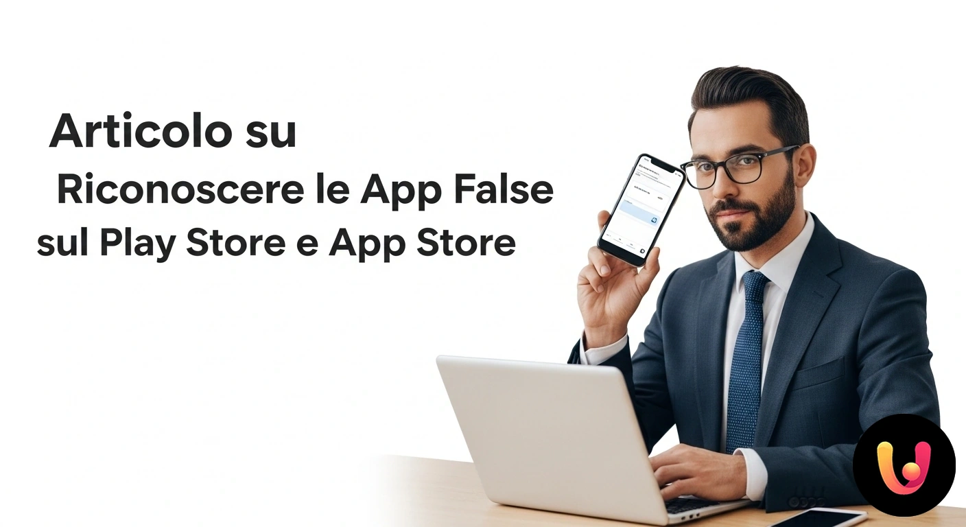 Evita le Truffe: Scopri le App False Prima di Installarle Primo piano di uno smartphone che mostra un app store con una lente d'ingrandimento che ispeziona un'icona sospetta.