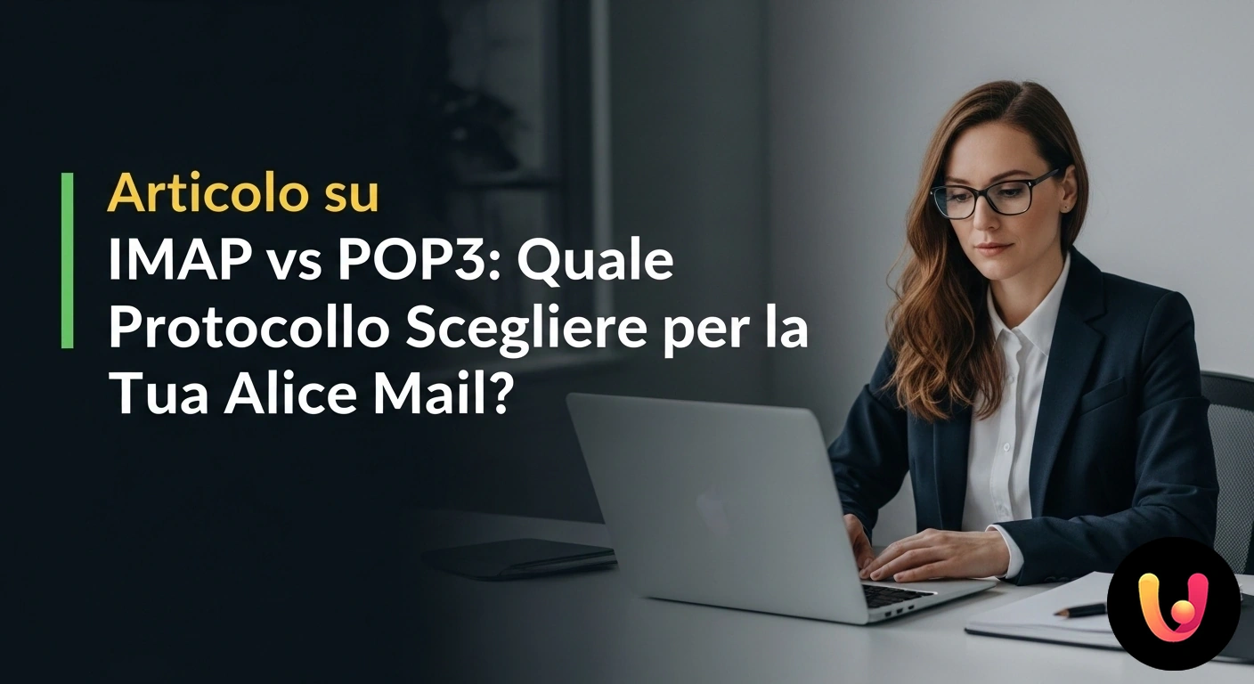 IMAP vs POP3 per Alice Mail: Scegli il protocollo email adatto alle tue esigenze. Loghi dei protocolli email imap e pop3 posti ai lati del logo di alice mail, a simboleggiare una decisione tecnica.