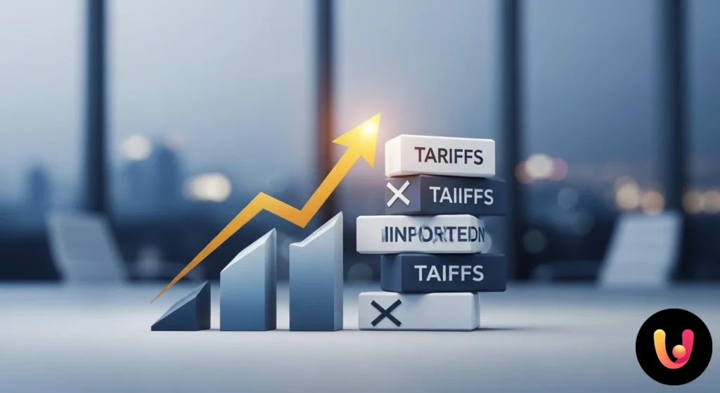 Nave portacontainer che simboleggia il commercio globale con frecce crescenti a indicare l'aumento dei prezzi dei beni.