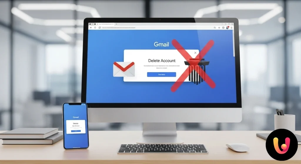 Mouse cursor moving the gmail logo icon towards a trash can icon for permanent deletion.