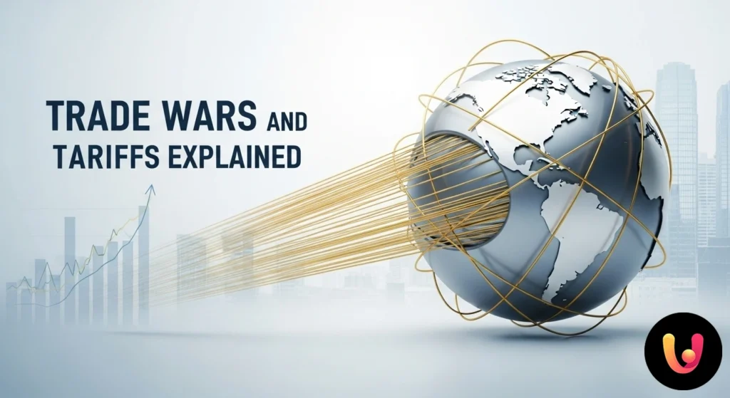 Guerre commerciali: cosa sono e l’impatto sulla tua vita Mappa stilizzata con rotte commerciali globali interrotte da barriere rosse che simboleggiano i dazi tra nazioni.