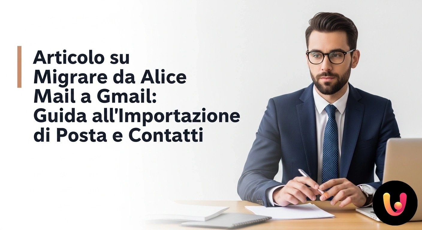 Migrare da Alice Mail a Gmail: Guida all'importazione completa Logo di alice mail e logo di gmail collegati da una freccia che indica il processo di trasferimento di email e contatti.