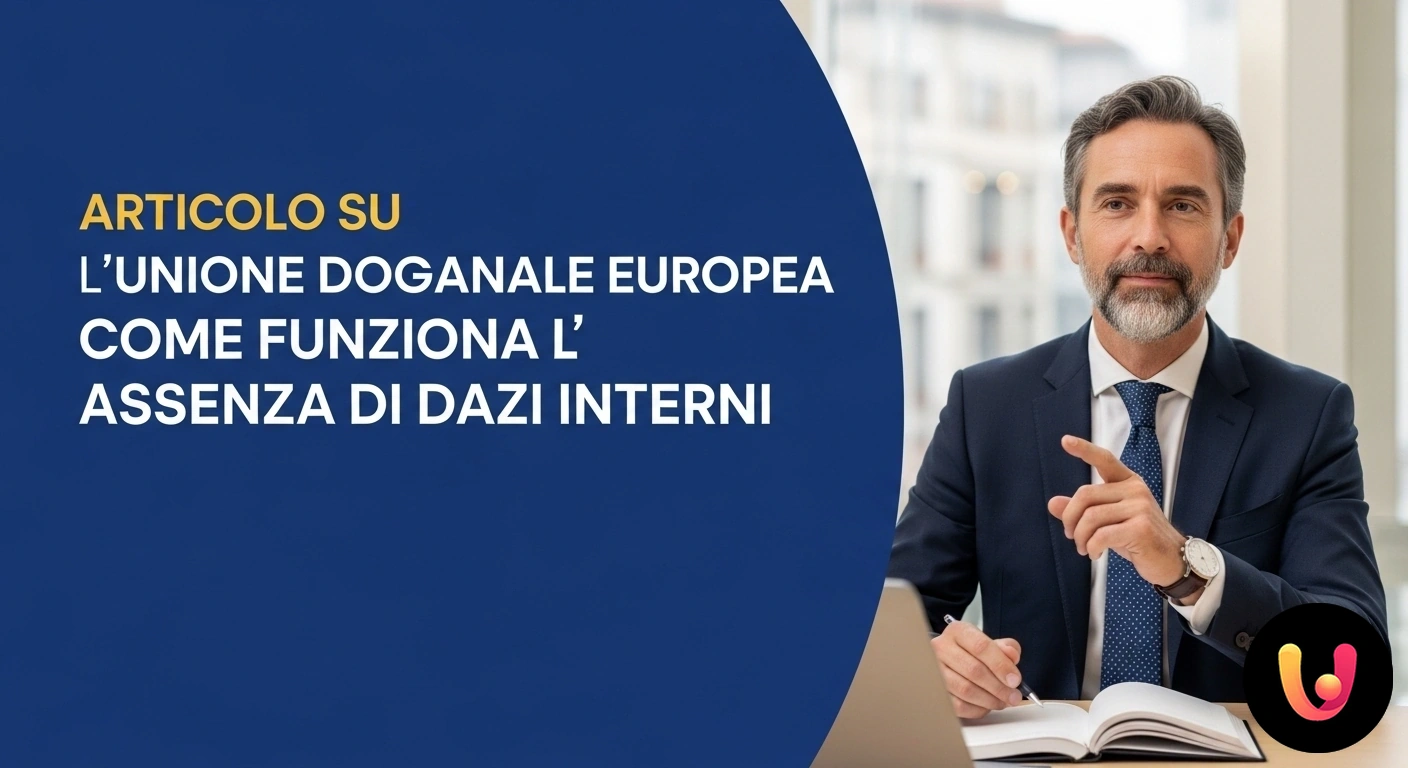 Unione Doganale Europea: Libera Circolazione delle Merci Mappa stilizzata dell'unione europea con frecce che illustrano il flusso di merci tra i paesi membri senza barriere doganali.