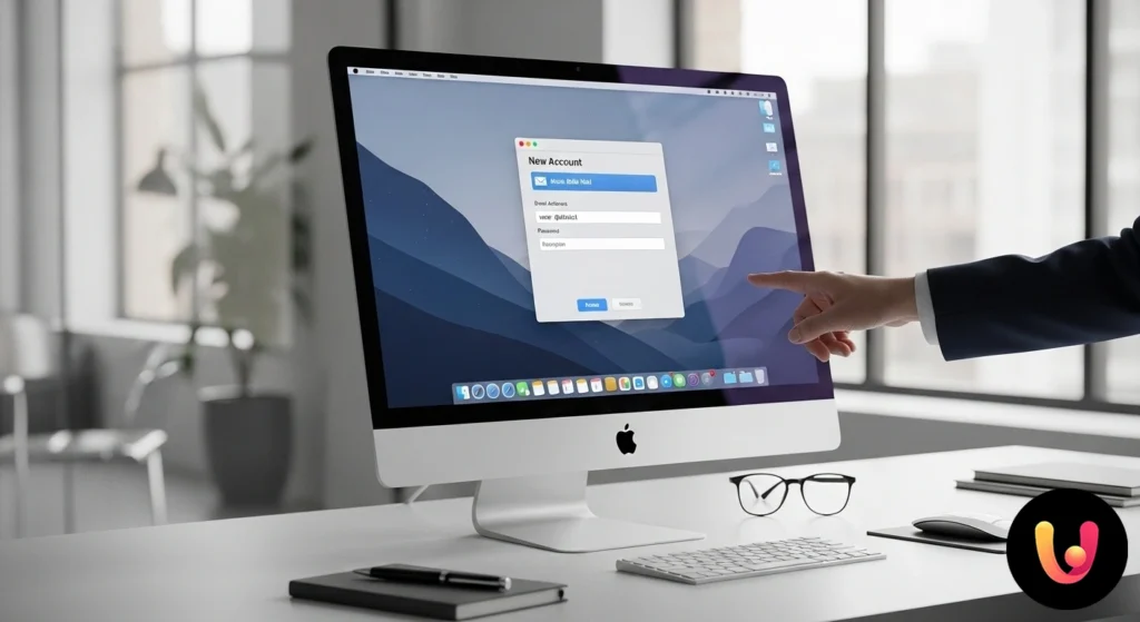 Screenshot der Mail-Anwendung auf dem Mac beim Hinzufügen eines Kontos, mit Fokus auf die Eingabe der Daten für Alice Mail.