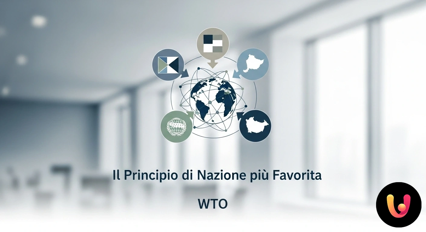 Principio Nazione più Favorita WTO: il cardine del commercio globale. Bandiere di diverse nazioni collegate da frecce simmetriche a rappresentare parità di trattamento commerciale.
