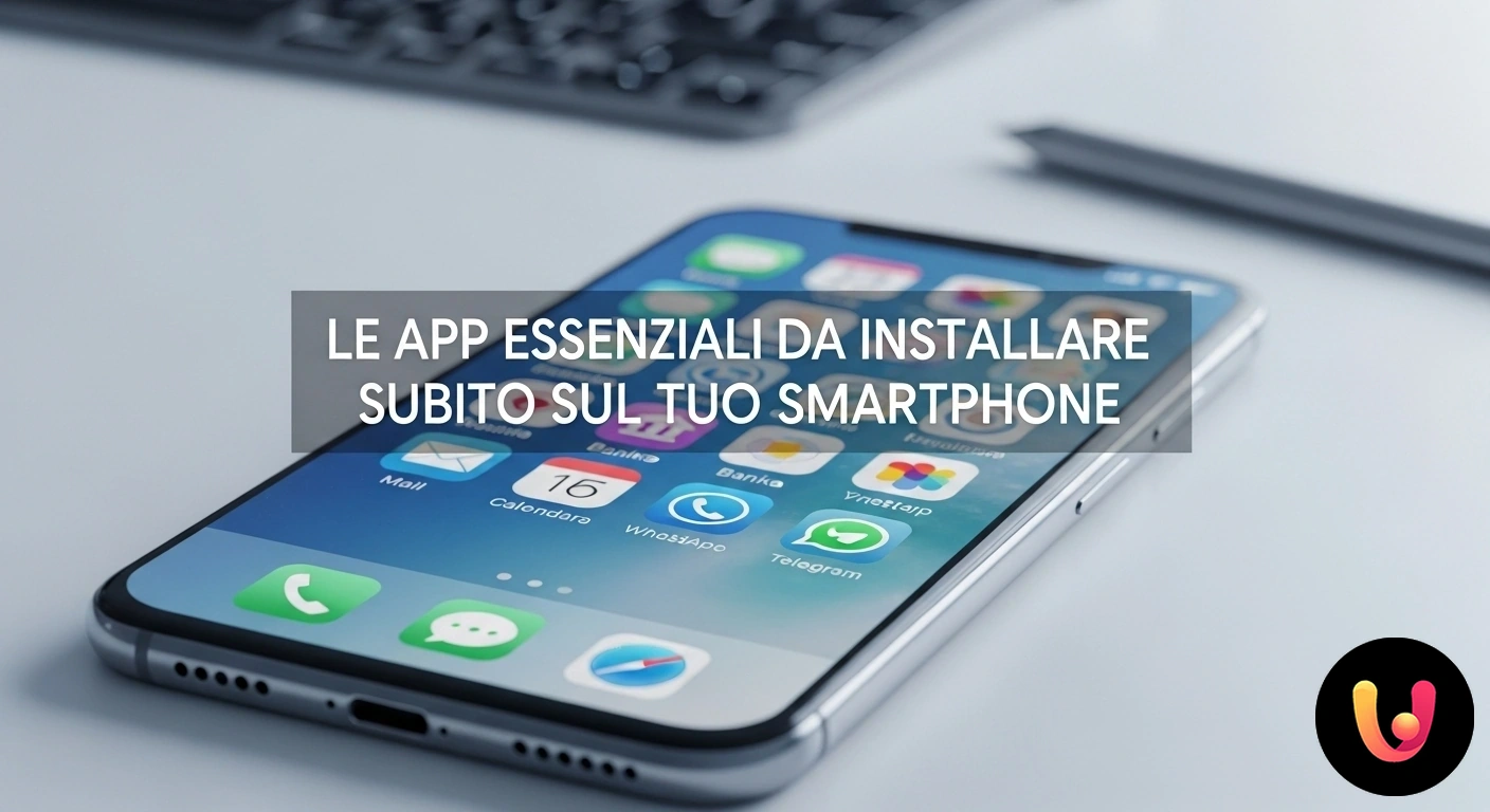 Le App Essenziali per Ottimizzare il Tuo Smartphone Primo piano di una mano che tiene uno smartphone, con una schermata che mostra icone di app per social, produttività e lifest