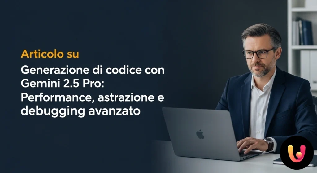 Gemini 2.5 Pro: codice, astrazione e debug ridefiniti dall’IA. Rete neurale astratta che elabora dati e genera frammenti di codice sorgente su un'interfaccia digitale.