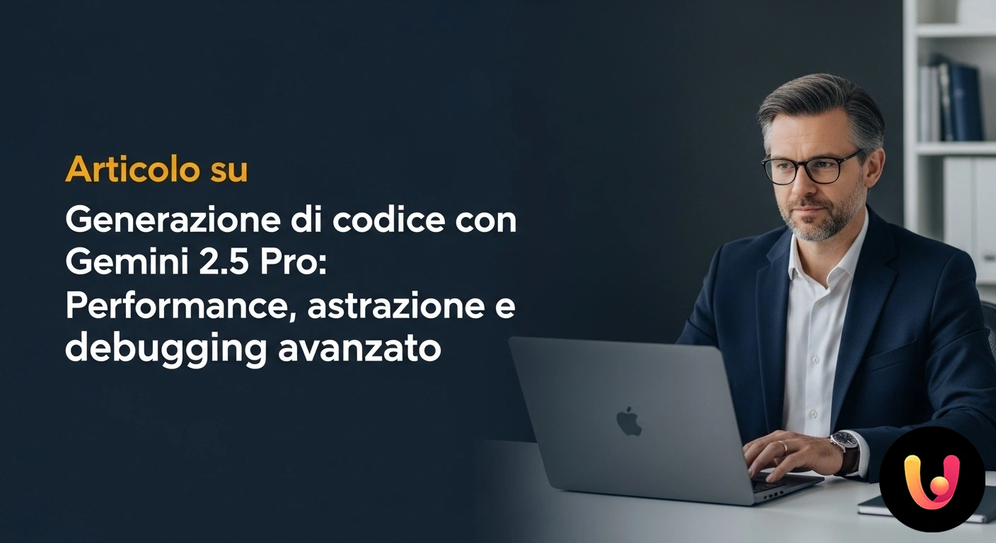 Generazione di codice avanzata con l'intelligenza artificiale di Gemini 2.5 Pro. Rete neurale astratta che elabora dati e genera frammenti di codice sorgente su un'interfaccia digitale.