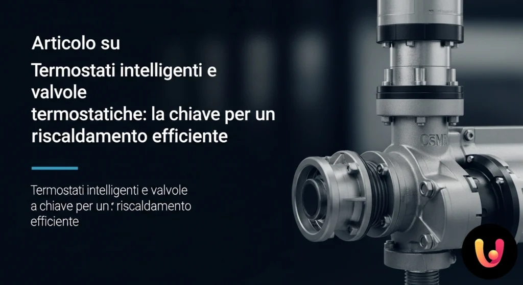Mano che regola la temperatura su un termostato intelligente a parete, con radiatore e valvola termostatica visibili sullo sf