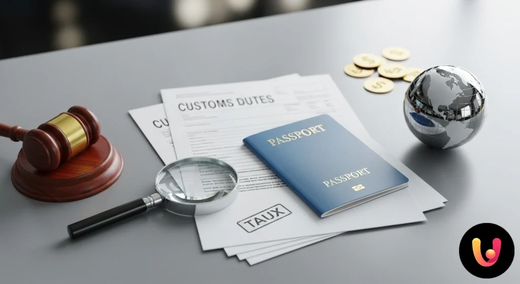 Funzionario doganale con appunti che ispeziona un container merci in un porto commerciale internazionale.