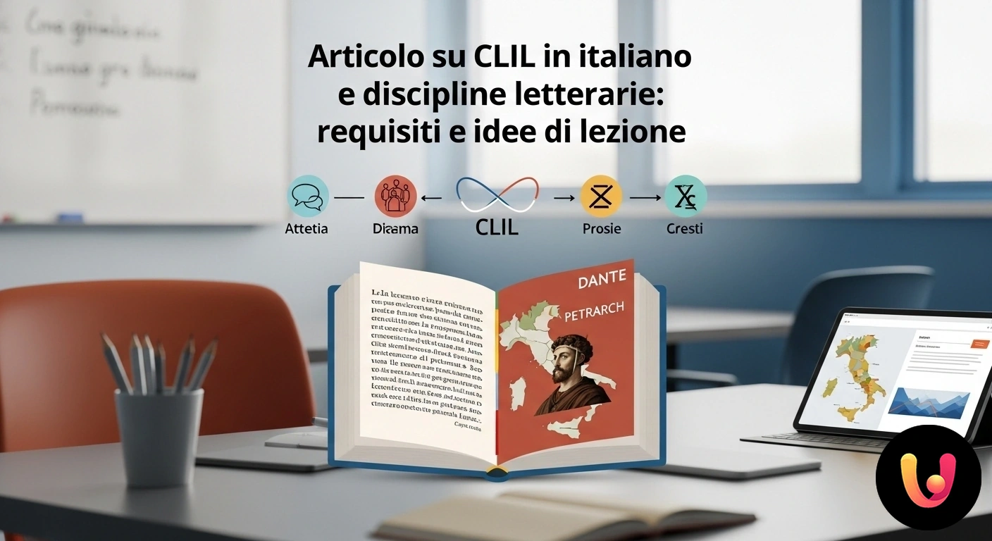 CLIL e Italiano: Strategie Efficaci per la Didattica della Letteratura Grafica concettuale che illustra l'integrazione tra libri di letteratura italiana e icone rappresentative dell'apprendimento