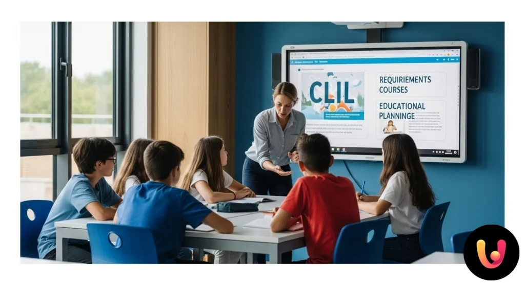 Insegnante di scuola secondaria indica una lavagna con concetti scritti in italiano e inglese a una classe di studenti attent