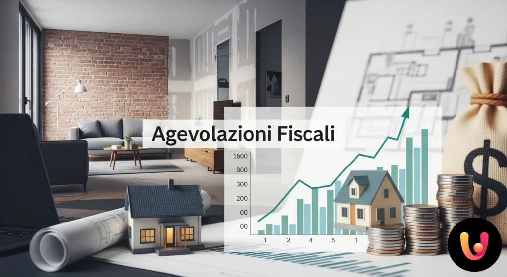 Casa stilizzata con icone di un modulo fiscale, monete e strumenti per la ristrutturazione.