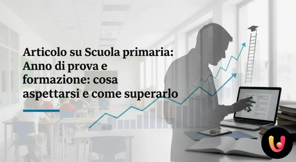 Docente di scuola primaria alla cattedra intento a pianificare l'attivit&agrave; didattica su un quaderno in un'aula luminosa.
