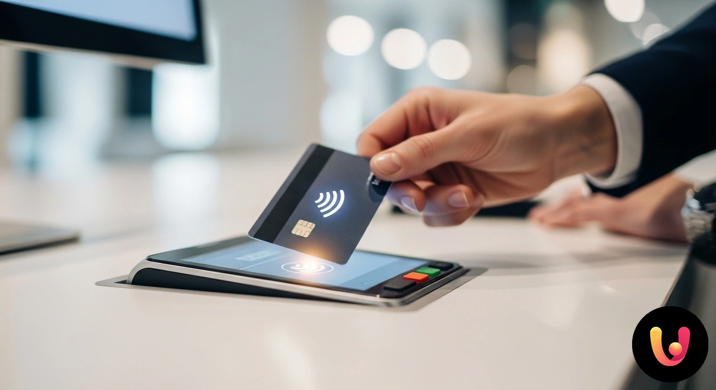 Attiva la tua carta per pagamenti contactless rapidi e sicuri. Persona che avvicina una carta di pagamento a un terminale pos per una transazione contactless.