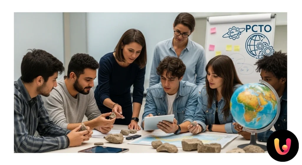 Studenti e docente analizzano campioni di roccia all'aperto durante un'attivit&agrave; didattica sulle scienze della terra.