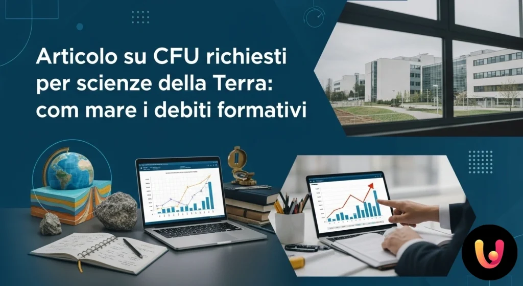 CFU Scienze della Terra: guida per colmare i debiti formativi Strumenti da geologo, come martello e bussola, posati su una mappa topografica accanto a un libro di testo universitario.