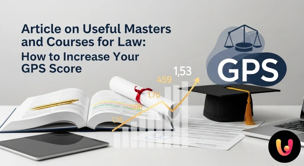 Studente di giurisprudenza consulta un testo giuridico davanti a un una freccia ascendente.