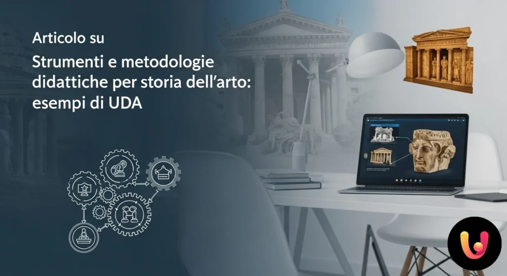 Tablet con modello 3d del partenone affiancato a libri di storia dell'arte e schizzi su una scrivania in legno.