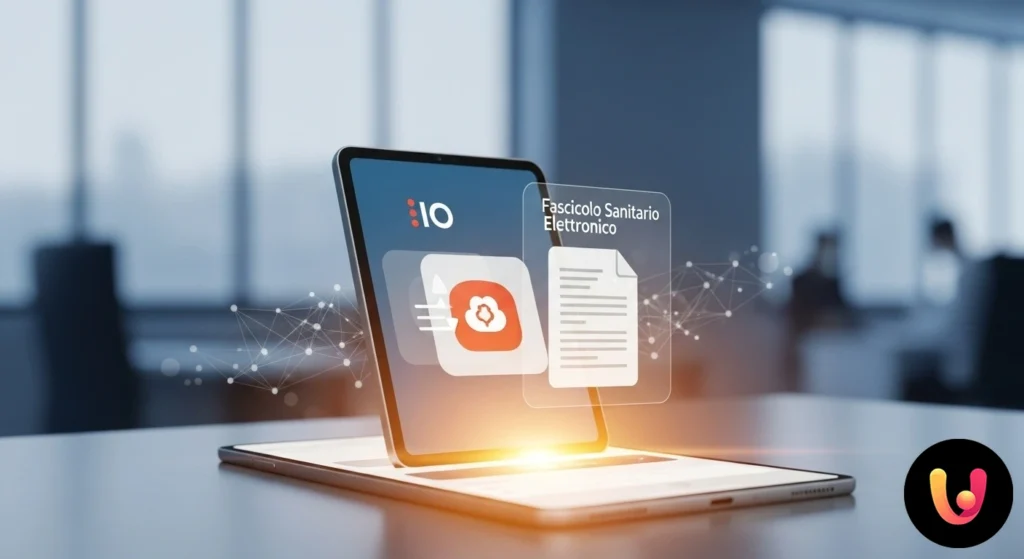 Logo dell'app io e icona del fascicolo sanitario elettronico su uno schermo, uniti da una linea digitale di connessione.