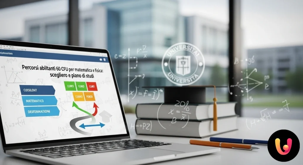Percorso formativo stilizzato con icone rappresentative di matematica e fisica che guida verso la scelta di un ateneo.