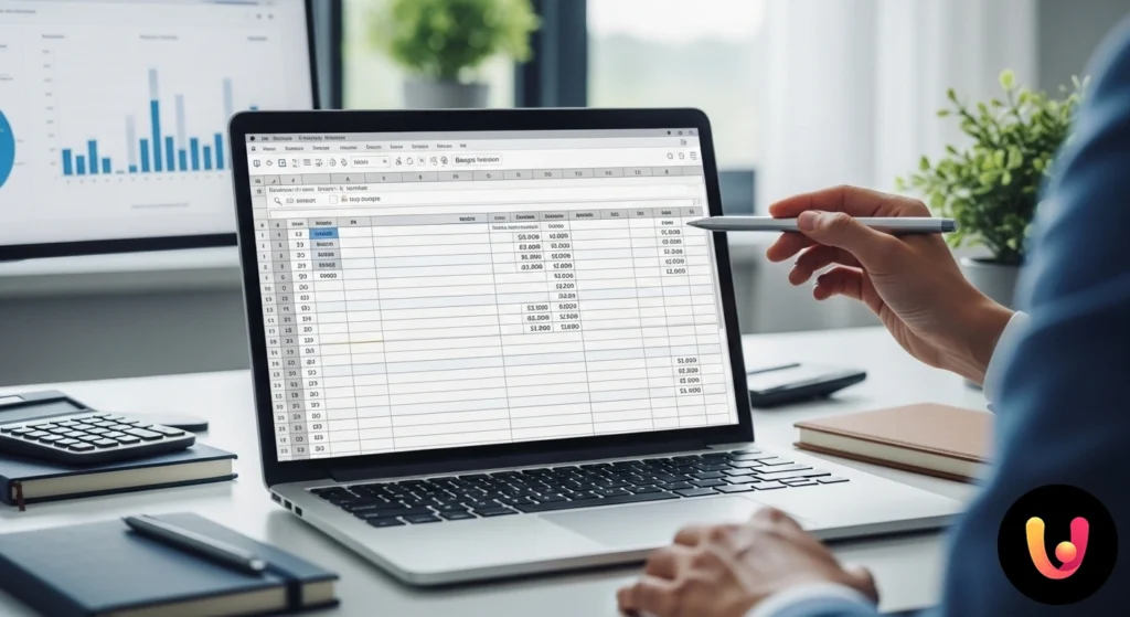 Foglio di calcolo per il budget personale visualizzato su un laptop, con colonne per entrate, spese e grafici di riepilogo.