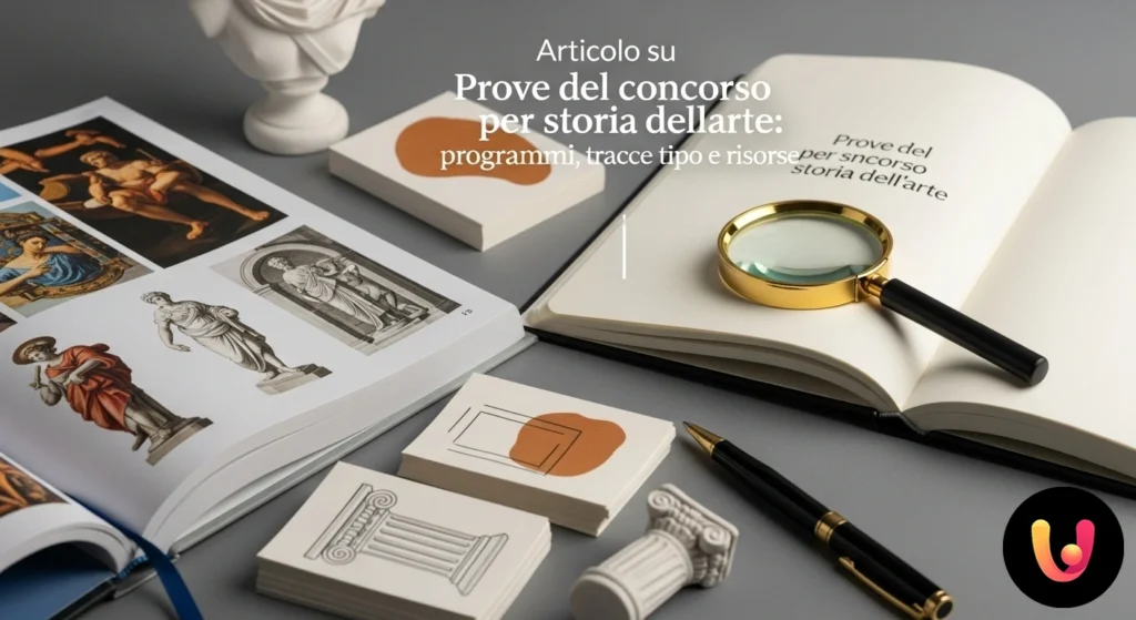 Scrivania con libro di storia dell'arte aperto, quaderno per appunti e computer per la preparazione al concorso.