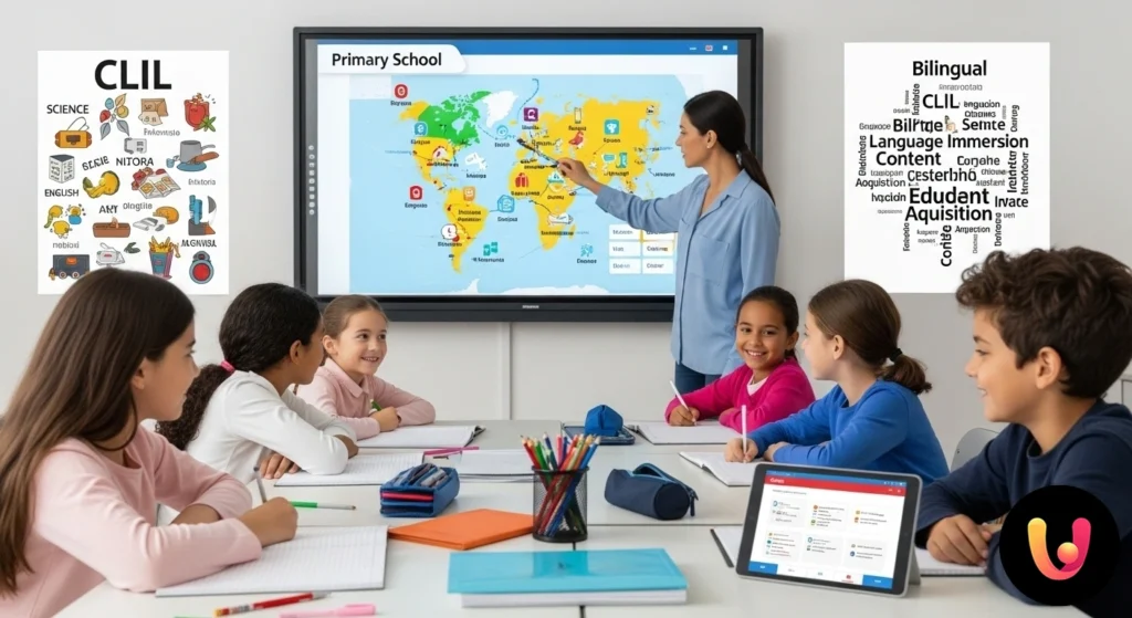 CLIL Primaria: Guida a requisiti, corsi e punteggio GPS Insegnante di scuola primaria indica una lavagna interattiva con una mappa del mondo a una classe di bambini.