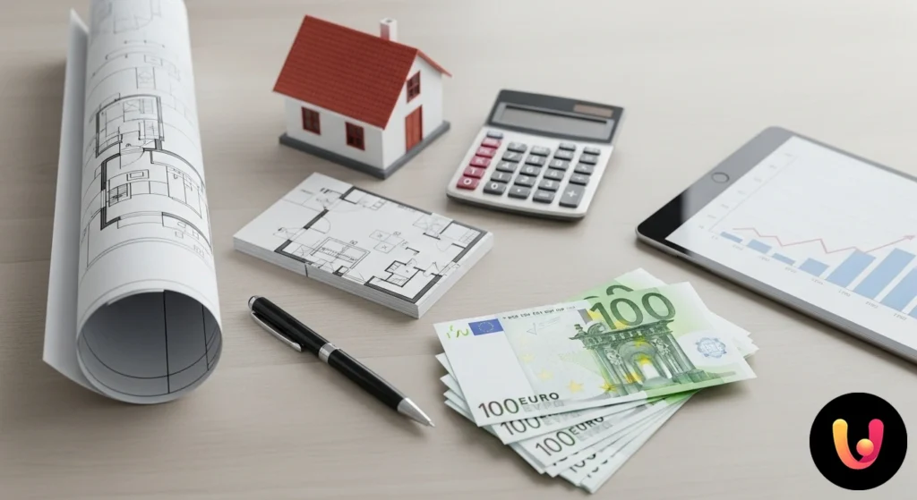 Progetto di una casa appoggiato su un cavalletto in un terreno edificabile delimitato da picchetti.