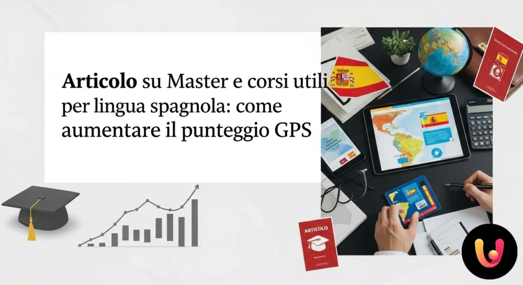GPS Spagnolo: Master e corsi per aumentare il punteggio Grafico con freccia ascendente e bandiera spagnola, una persona in primo piano mostra un diploma di master.