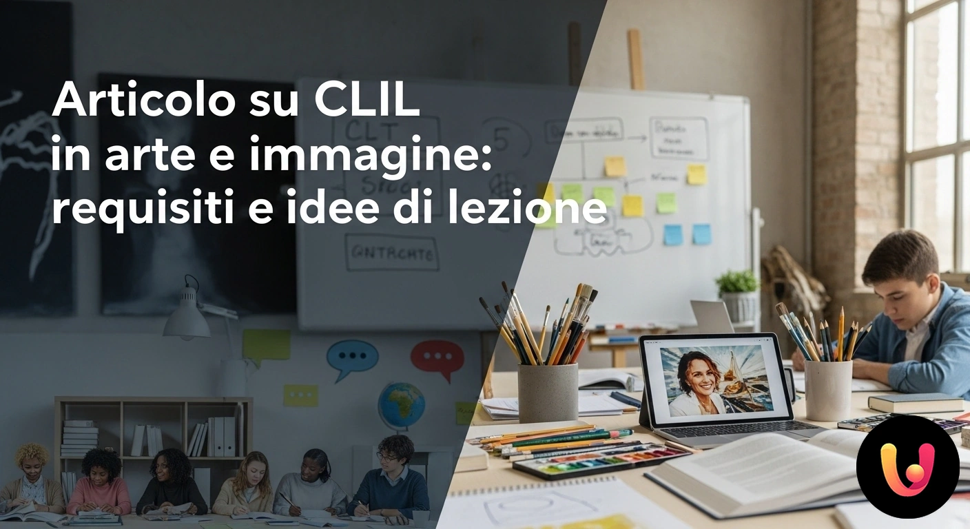 CLIL in Arte e Immagine: un approccio didattico visivo e linguistico. Studenti in un'aula che analizzano un'opera d'arte, con termini artistici in inglese proiettati su una lavagna luminosa.
