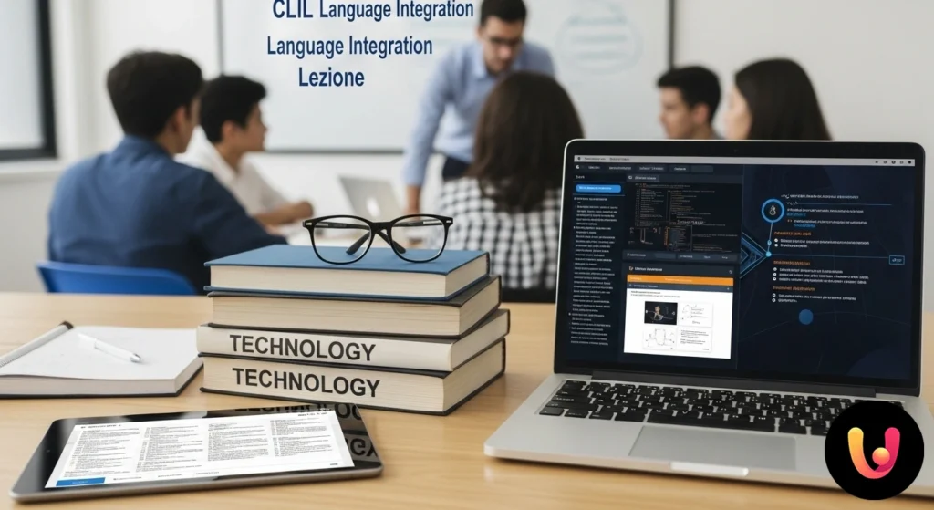 CLIL Tecnologia: Guida a requisiti, idee e punteggio 2025 Illustrazione concettuale dell'integrazione tra icone tecnologiche, come ingranaggi e codice, e simboli dell'apprendimento li
