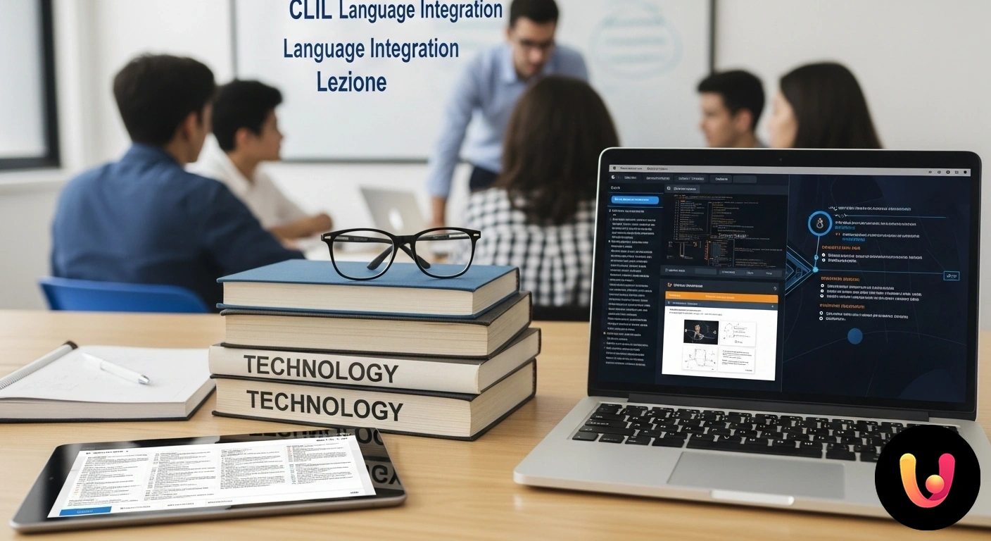 CLIL e Tecnologia: come integrare materia e lingua in modo efficace. Illustrazione concettuale dell'integrazione tra icone tecnologiche, come ingranaggi e codice, e simboli dell'apprendimento li