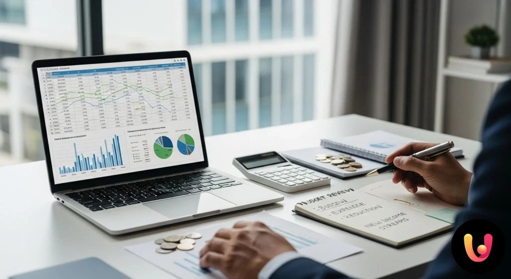 Persona che analizza un grafico finanziario con andamento negativo e usa una calcolatrice per riadattare il proprio budget.