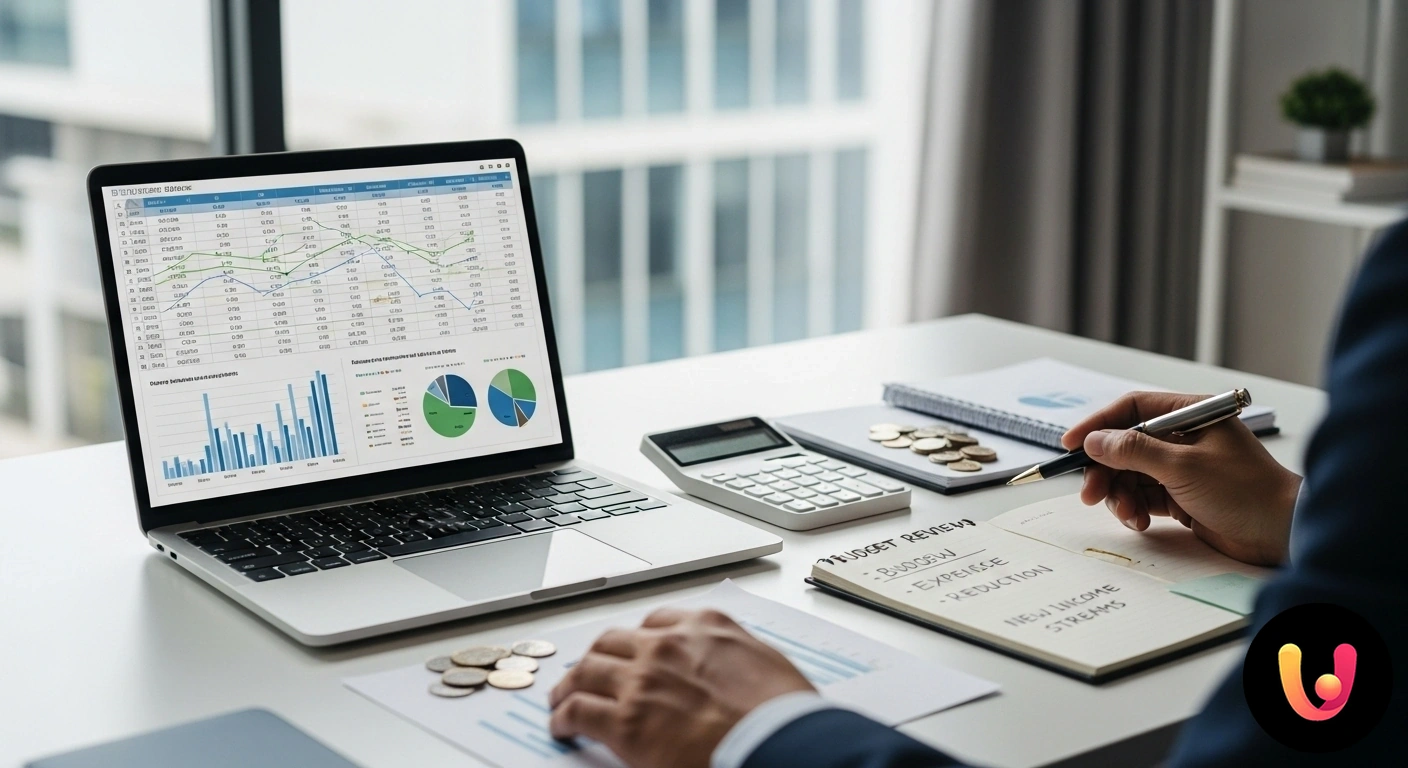 Come affrontare un calo di reddito e riorganizzare le finanze Persona che analizza un grafico finanziario con andamento negativo e usa una calcolatrice per riadattare il proprio budget.